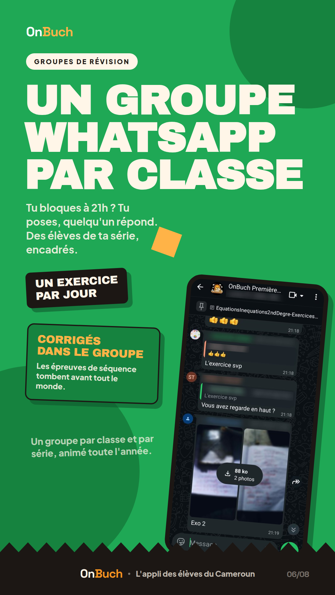 OnBuch — Un groupe WhatsApp par classe (communauté · groupes de révision)
